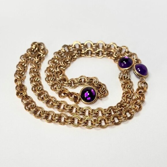VTG Chunky Long Chain Necklace Three Stone Cabochon Amethyst 18K Gold Plated - Picture 1 of 10